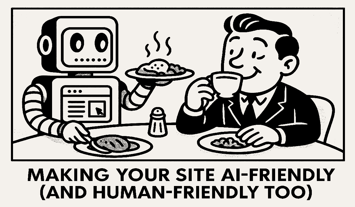 Vintage cartoon showing a smiling robot serving a plate of food to a happy man at a restaurant table, symbolizing how websites should be structured to serve both AI and humans effectively.