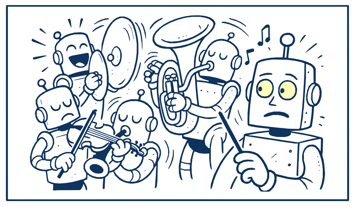 A group of robots chaotically playing musical instruments without coordination, while one confused robot tries to conduct the orchestra—symbolizing the need for human direction in AI-driven systems.