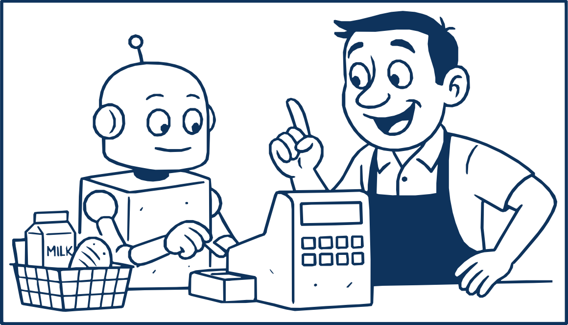 A cheerful grocery store manager teaches a robot how to use a cash register, highlighting collaboration between humans and AI in daily tasks.
