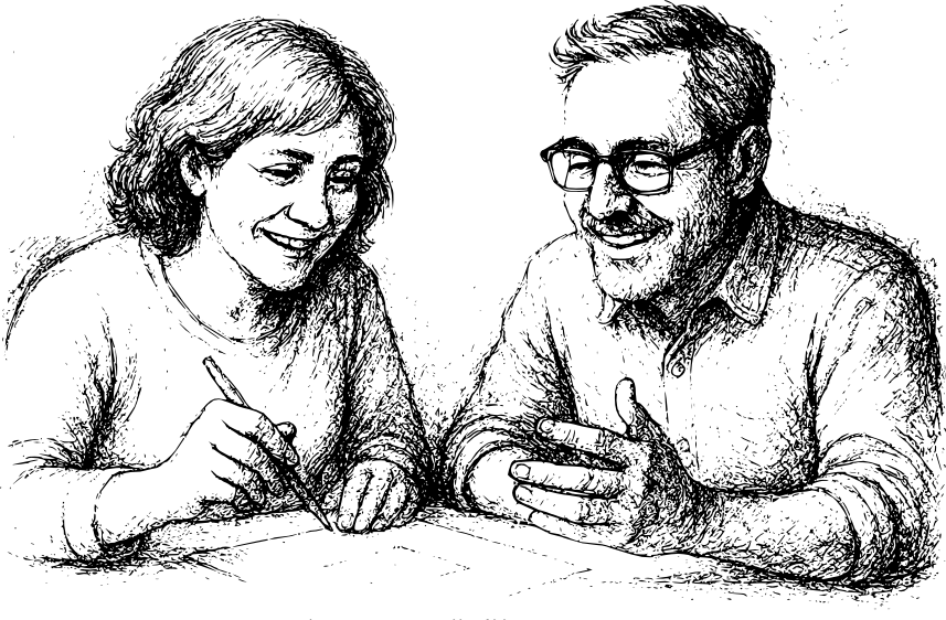 A hand-drawn sketch of two people smiling while brainstorming together at a table. One holds a pencil, the other gestures with a hand, both engaged in conversation. Below the image is a quote about clarity in brainstorms and relationships.