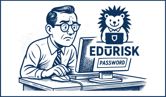 Vintage cartoon illustration of a porcupine at a desk with a laptop and EDURISK logo, blending humor and cybersecurity awareness.
